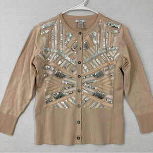 Cache Beige/Light Pink Sequins Stretch Knit Button Cardigan size Small